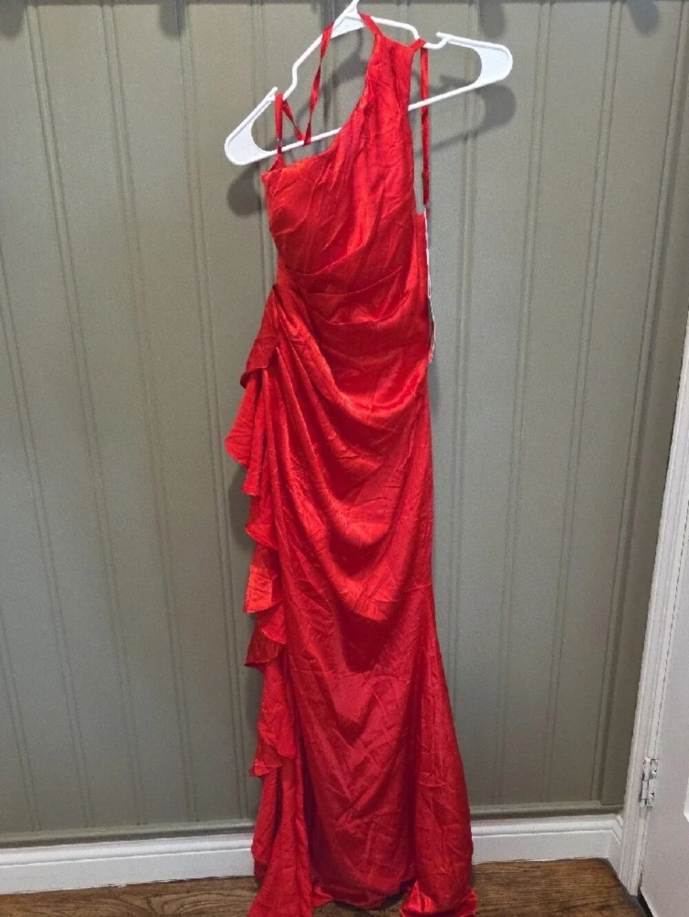 Red Satin Ruffle Slip Dress - Picture 4 of 4